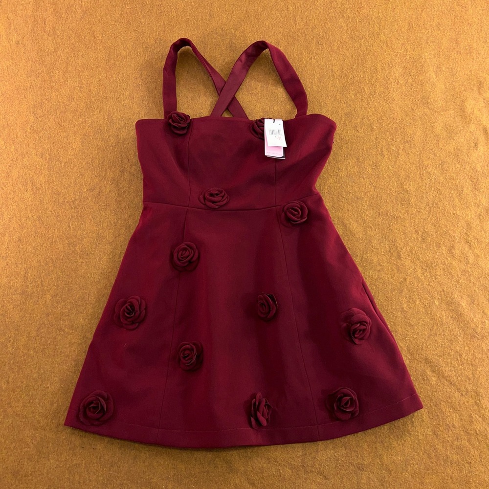 Avec Les Filles Womens 6 Merlot Red 3D Floral Rosette Mini Dress NWT